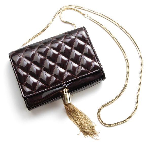 Big Buddha Handbags - Big Buddha Lila Purse Quilted Patent Crossbody Bag Gold Tassel Chain Strap Brown